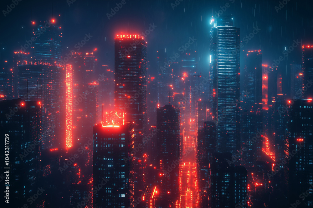 A vibrant neon-lit city skyline at night, illuminated by glowing lights and rain, showcasing modern architecture and urban life A vibrant neon-lit city skyline at night, illuminated by glowing lights and rain, showcasing modern architecture and urban life