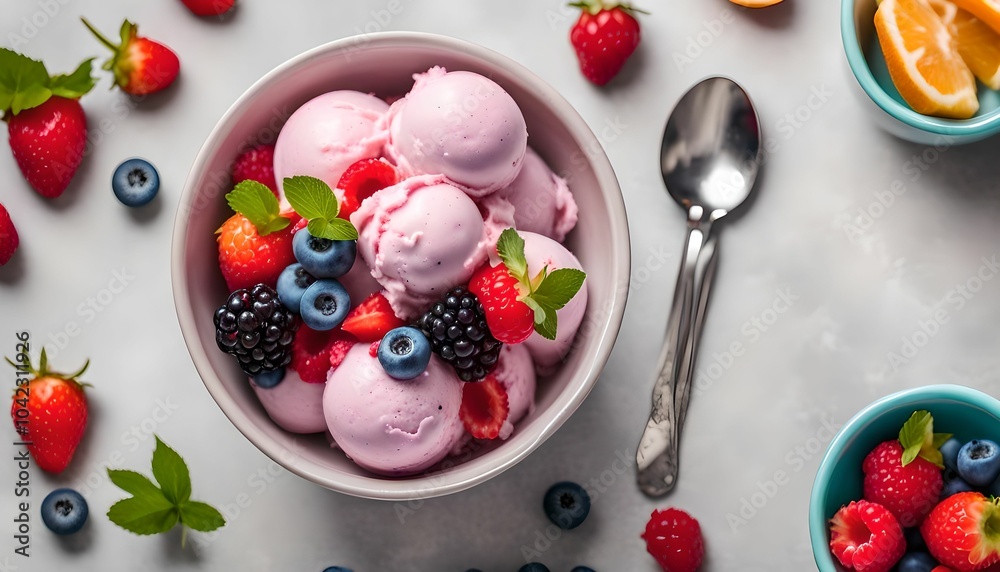 Multicolored scoops of fruit yogurt ice cream in a bowl, decorated with fresh berries. Top view Multicolored scoops of fruit yogurt ice cream in a bowl, decorated with fresh berries. Top view