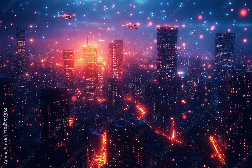 Obraz premium A vibrant futuristic cityscape illuminated by colorful lights at night with flying drones above