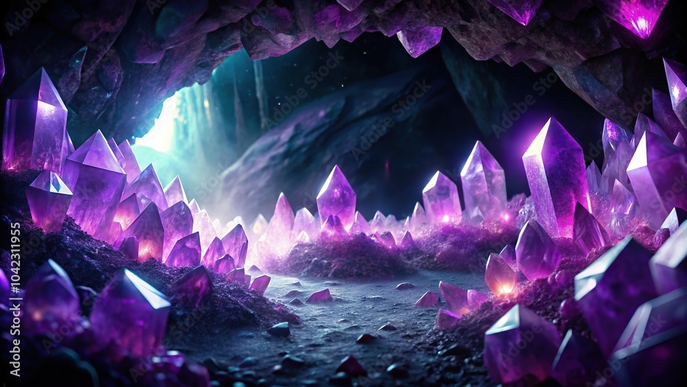Fototapeta premium Dark background with glowing purple crystals in a magical cave filled with precious stones
