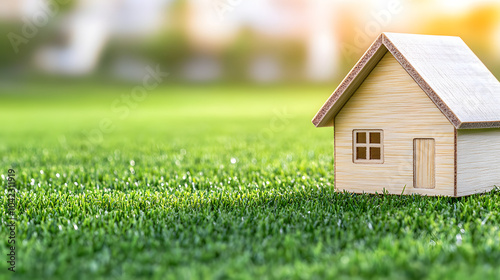 Wallpaper Mural Appealing Isolated Wooden House Model Nestled in Lush Green Grass Under a Golden Blurred Sunset for Engaging Real Estate Marketing Torontodigital.ca