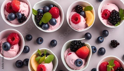 Multicolored scoops of fruit yogurt ice cream in a bowl, decorated with fresh berries. Top view