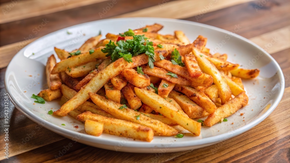 Spicy seasoned french fries served on a rustic wooden table in a cozy outdoor setting, perfect for a tasty snack Spicy seasoned french fries served on a rustic wooden table in a cozy outdoor setting, perfect for a tasty snack