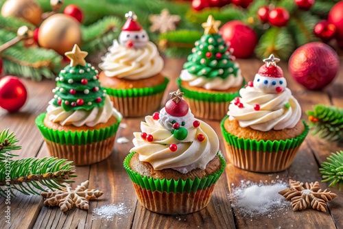 Delicious Christmas cupcakes decorated as festive trees, snowmen, and ornaments displayed among holiday decorations