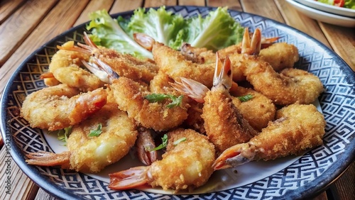 Delicious fried breaded shrimps on a decorative plate with fresh lettuce, perfect for lunch or dinner at a seaside restaurant