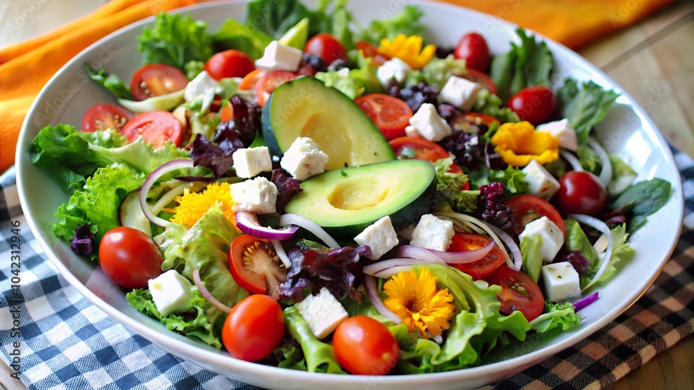 Fresh garden salad with cherry tomatoes, cucumber, and feta cheese served on a checkered cloth at a summer picnic Fresh garden salad with cherry tomatoes, cucumber, and feta cheese served on a checkered cloth at a summer picnic