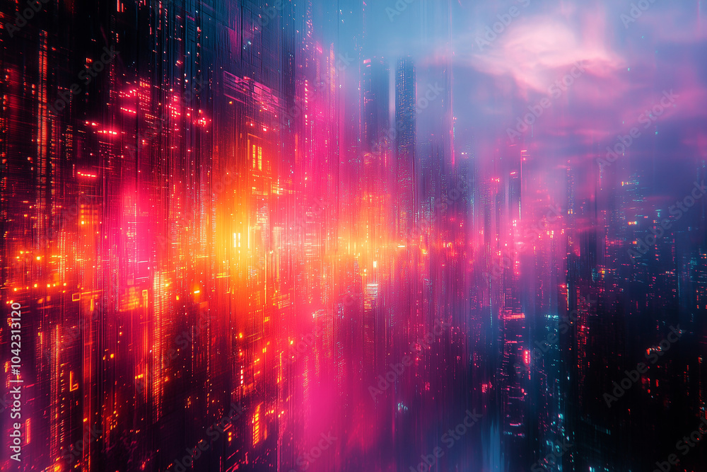 A vibrant cityscape illuminated by neon lights under a cloudy sky, creating an abstract digital atmosphere at dusk A vibrant cityscape illuminated by neon lights under a cloudy sky, creating an abstract digital atmosphere at dusk