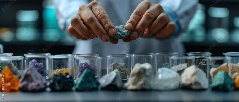 Obraz premium Hands Examining Raw Minerals in Laboratory Setting