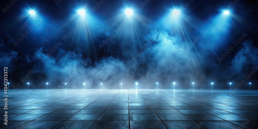 Dark blue smoky empty street floor with neon light spotlights Dark blue smoky empty street floor with neon light spotlights