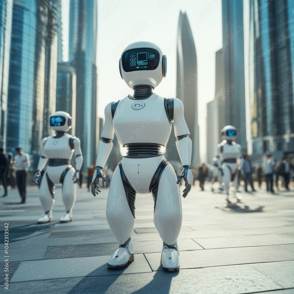 Obraz premium Humanoid Robot Walking Among City Dwellers