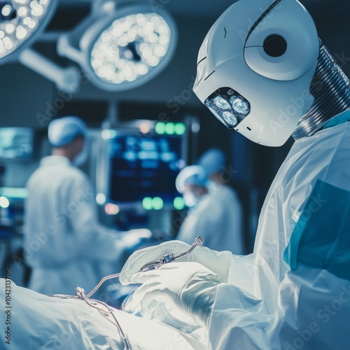 A robotic surgeon performing surgery in an operating room photo