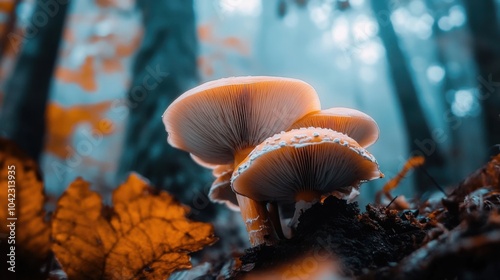 White orange mushrooms growing naturally in forest photo