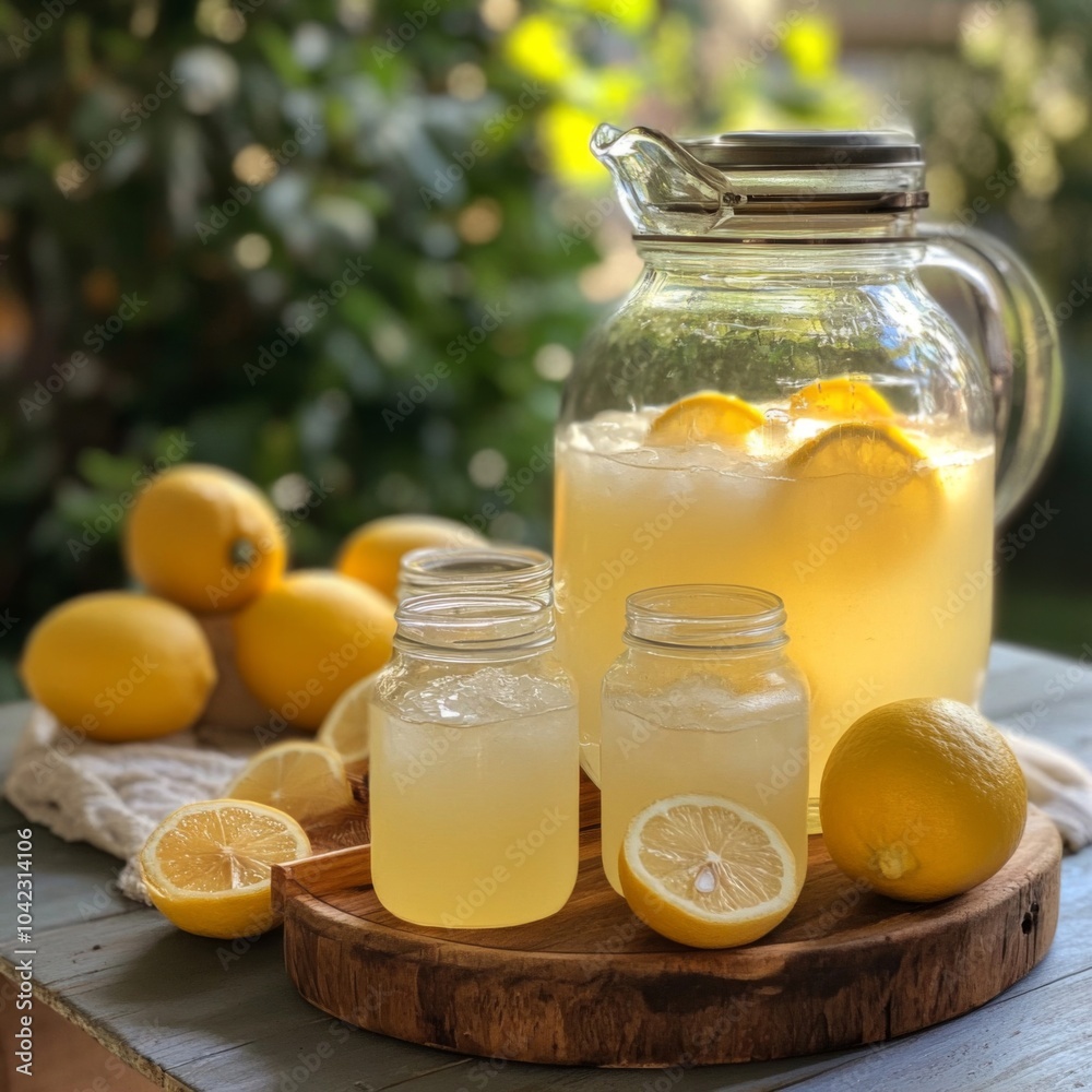 Lemonade pitcher, glasses, and lemons on a wooden board Lemonade pitcher, glasses, and lemons on a wooden board