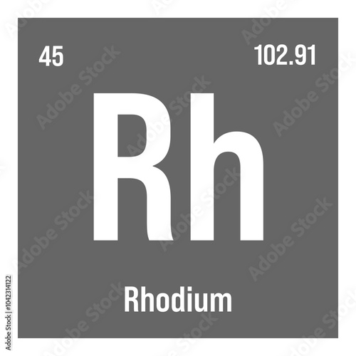 Rhodium, Rh, periodic table element with name, symbol, atomic number and weight. Transition metal with various industrial uses, such as in catalytic converters, jewelry, and as a component of certain