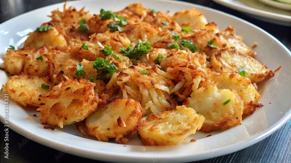 Crispy golden brown hash browns served on a white plate with fresh herbs at a cozy breakfast diner Crispy golden brown hash browns served on a white plate with fresh herbs at a cozy breakfast diner