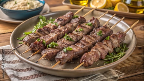 Delicious grilled lamb skewers served on a wooden table with fresh herbs and sides during a summer cookout