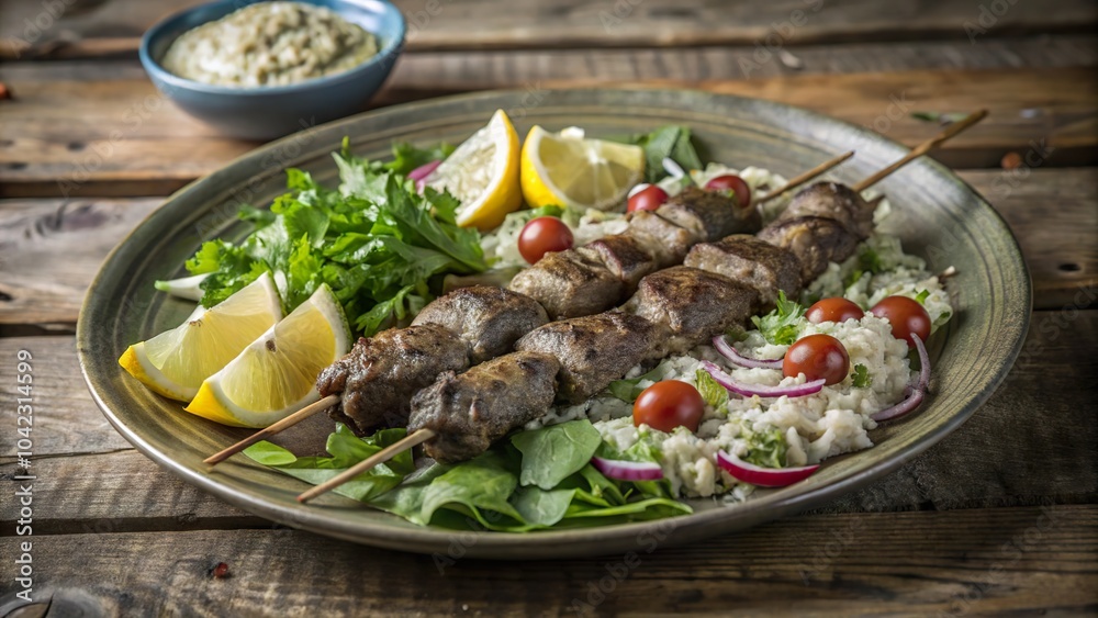 Delicious lamb kebab served on a wooden table with fresh vegetables and lemon wedges for a perfect meal experience Delicious lamb kebab served on a wooden table with fresh vegetables and lemon wedges for a perfect meal experience