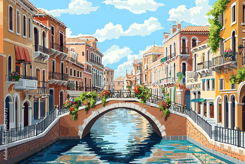 Picturesque canal flowing under a bridge in venice italy