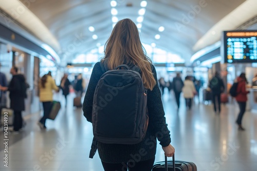 Young woman with backpack wheeling suitcase through busy airport terminal, looking at flight info screens, people rushing around 1 photo