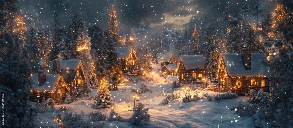 Fototapeta premium A snowy winter village with cozy cabins and twinkling lights, glowing in the falling snow.