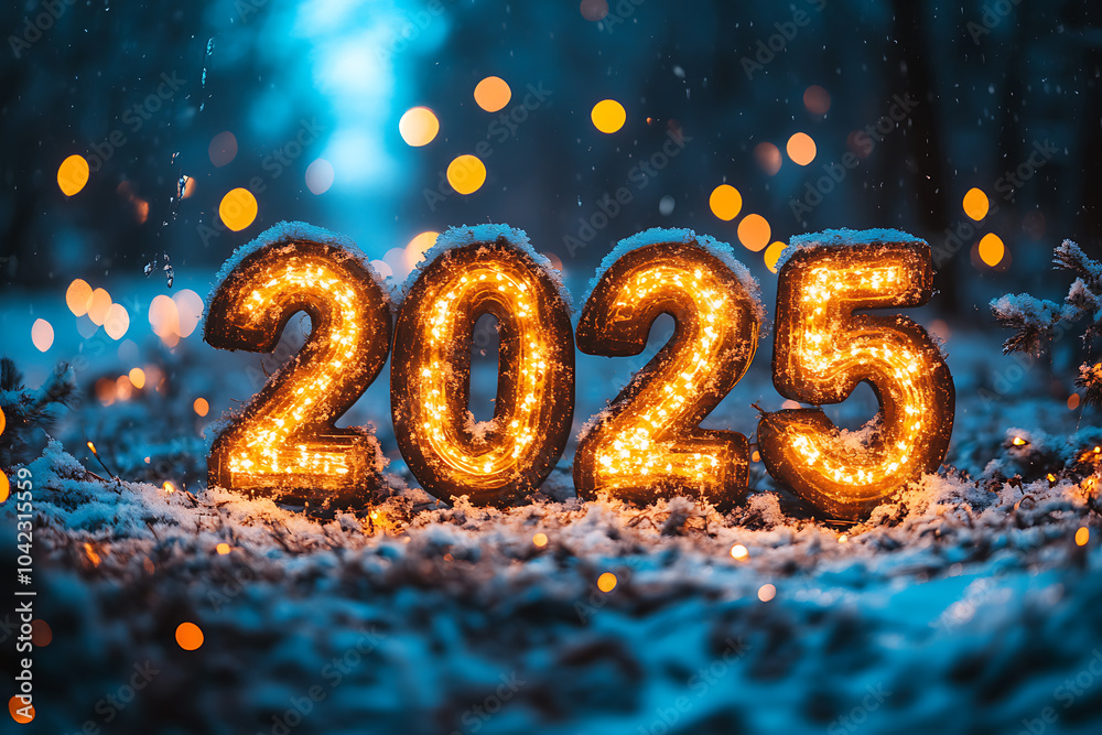 A beautifully lit sign displaying the year 2025 stands out against a backdrop of snow-covered evergreen branches, creating a magical winter atmosphere with twinkling lights. A beautifully lit sign displaying the year 2025 stands out against a backdrop of snow-covered evergreen branches, creating a magical winter atmosphere with twinkling lights.