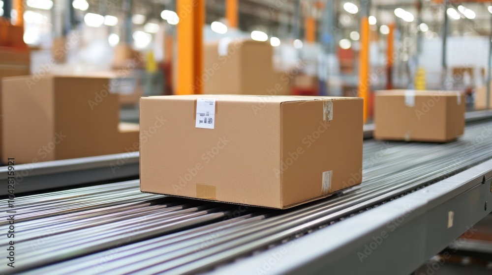 Cardboard boxes on conveyor belt in warehouse Cardboard boxes on conveyor belt in warehouse