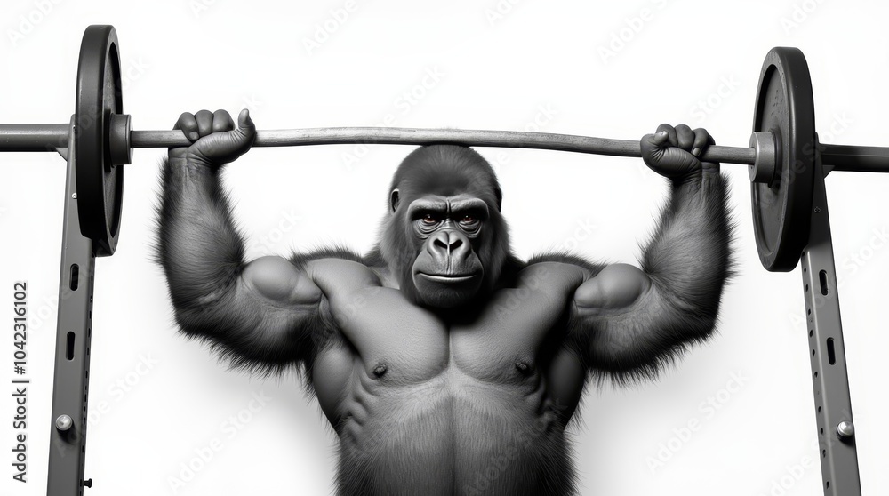 © Tayyip - A strong gorilla lifts a heavy barbell in a striking black and white setting, showcasing immense power and strength © Tayyip - A strong gorilla lifts a heavy barbell in a striking black and white setting, showcasing immense power and strength