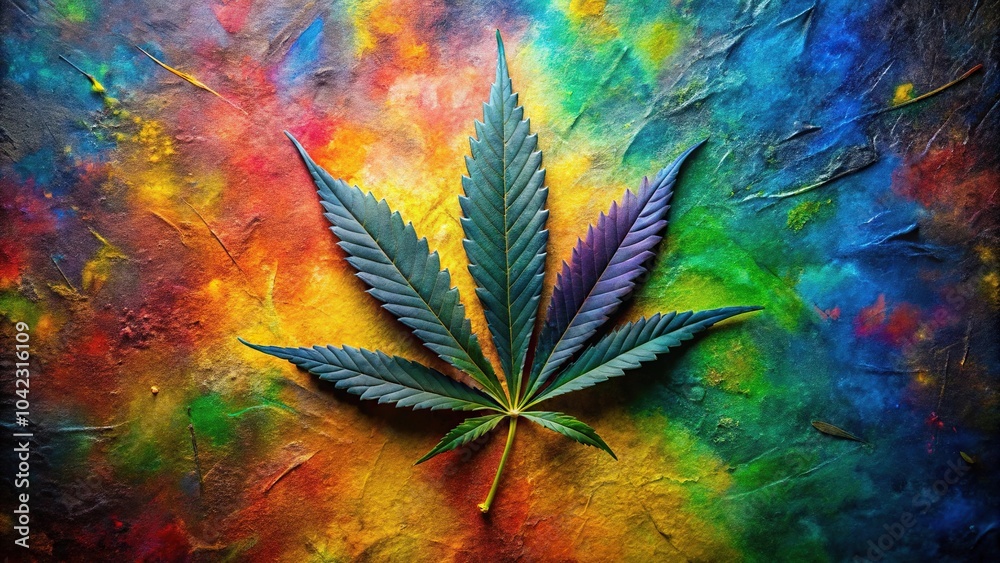 Dark marijuana leaf in extreme close-up with colorful paint background art