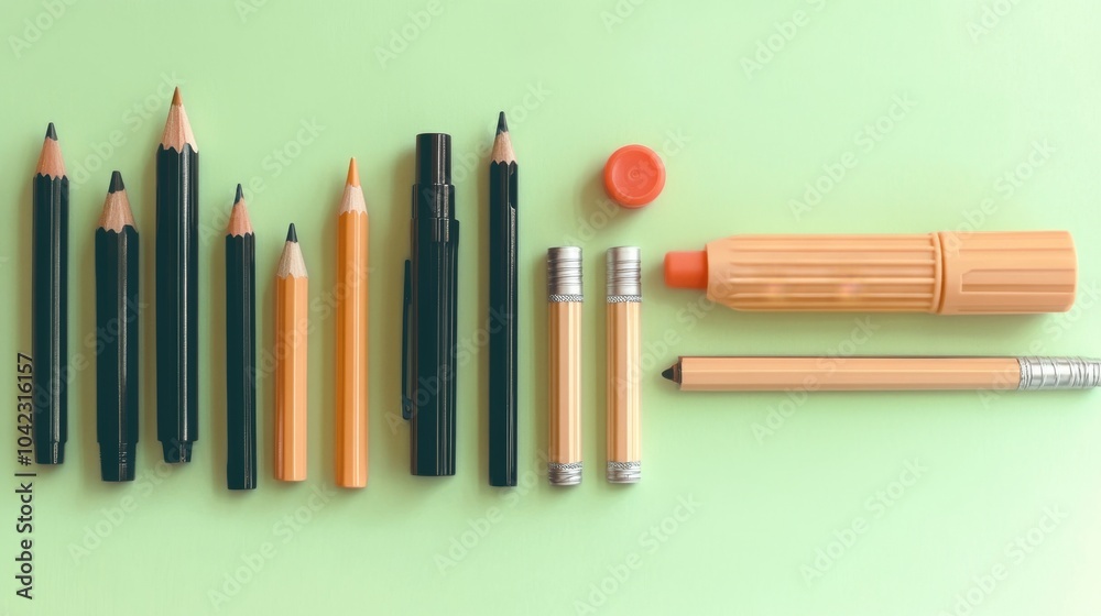 A row of pencils and markers on a green background. A row of pencils and markers on a green background.