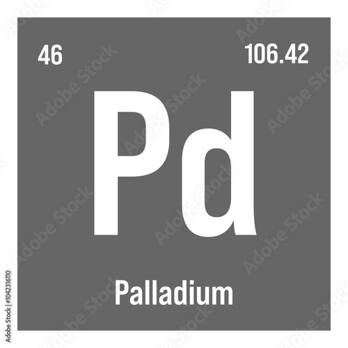 Palladium, Pd, periodic table element with name, symbol, atomic number and weight. Transition metal with various industrial uses, such as in catalytic converters, jewelry, and as a component of