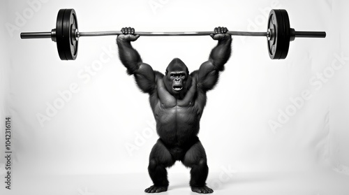 A strong gorilla lifts a heavy barbell in a striking black and white setting, showcasing immense power and strength