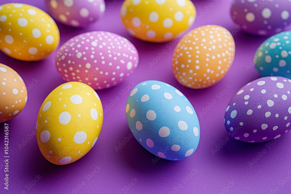 Colorful Easter eggs on a purple background, no people 3 Colorful Easter eggs on a purple background, no people 3