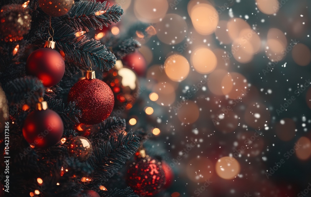Beautiful Christmas tree adorned with red and gold ornaments, with a soft glow of festive lights and falling snow creating a magical winter atmosphere Beautiful Christmas tree adorned with red and gold ornaments, with a soft glow of festive lights and falling snow creating a magical winter atmosphere