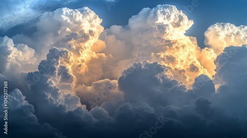 A dramatic sky filled with towering cumulonimbus clouds, their dark bases contrasted by brilliant white tops illuminated by sunlight. photo