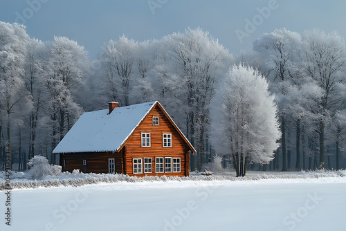 A charming old wooden house in a tranquil, snow-covered rural area, with frosted trees creating a serene winter scene. 