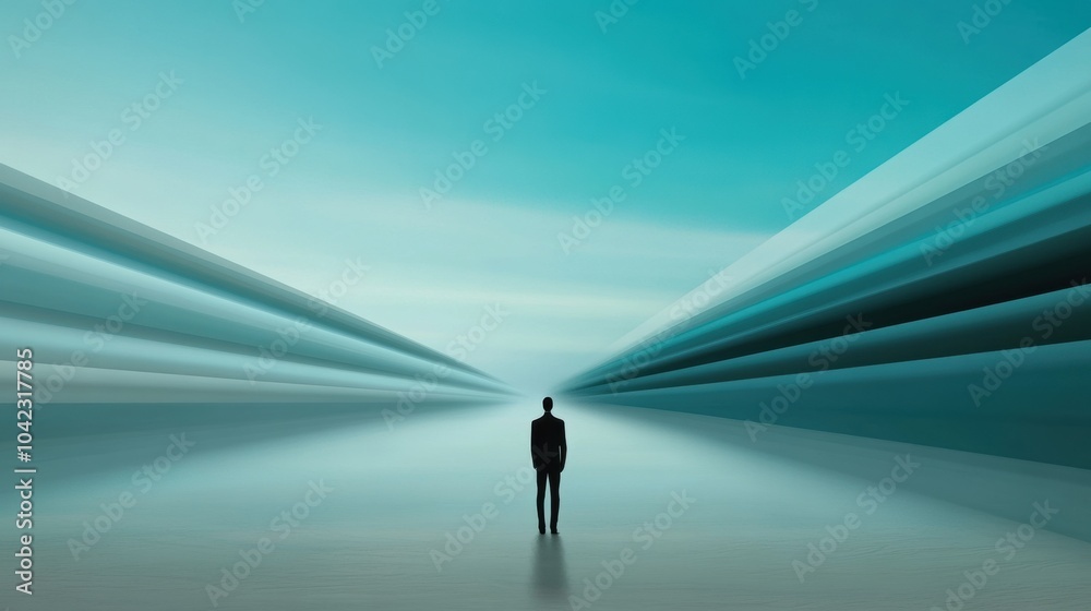 A lone figure stands in a surreal landscape with dynamic, converging lines, AI A lone figure stands in a surreal landscape with dynamic, converging lines, AI