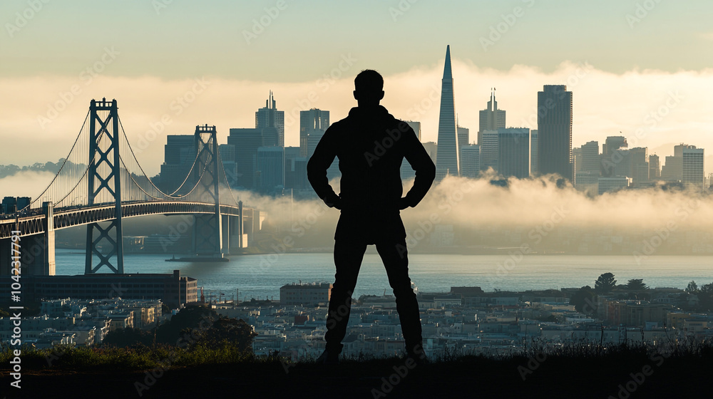 Fototapeta premium Silhouette of a Man Against a Foggy San Francisco Skyline