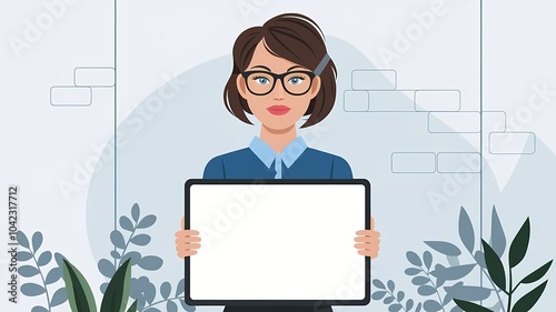 Professional Woman Holding Blank Sign Creative Office Environment Plants Walls 