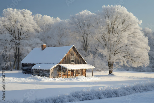 A charming old wooden house in a tranquil, snow-covered rural area, with frosted trees creating a serene winter scene. 