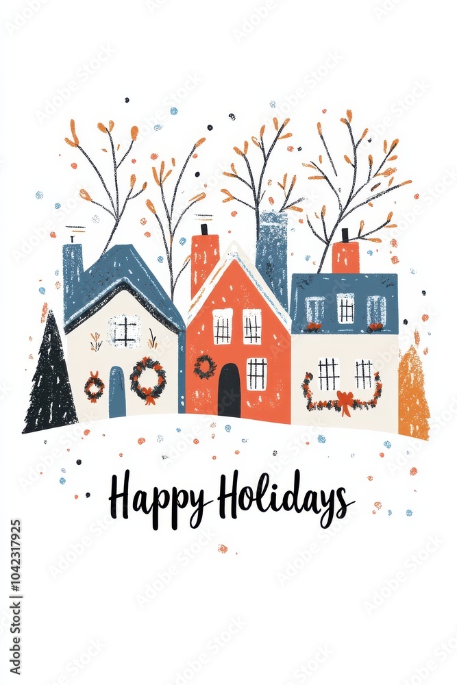 Festive holiday card design with cozy houses and cheerful greetings expressing joy and warmth of the Christmas season
