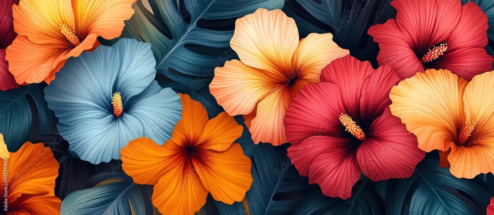 Colorful hibiscus flowers with dark green leaves in a tropical pattern. Colorful hibiscus flowers with dark green leaves in a tropical pattern.