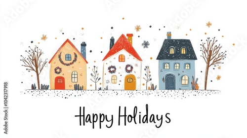 Cute Christmas card design featuring festive houses with wreaths and winter decorations, charmingly displaying warm holiday cheer.