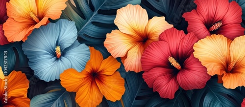 Colorful hibiscus flowers with dark green leaves in a tropical pattern.