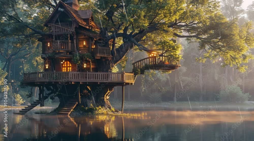 Magical fantasy treehouse by a river in heavy evening rain with glowing lights  
Seamless looping 4k time-lapse virtual video animation Generated AI