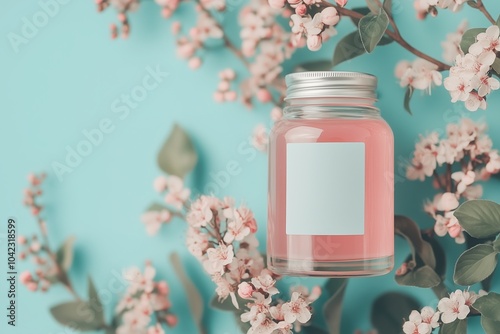 Glass jar with pink cosmetic, with empty white label. Bottle with pink liquid with decoration of pink spring flowers, blossoming branches on blue background.