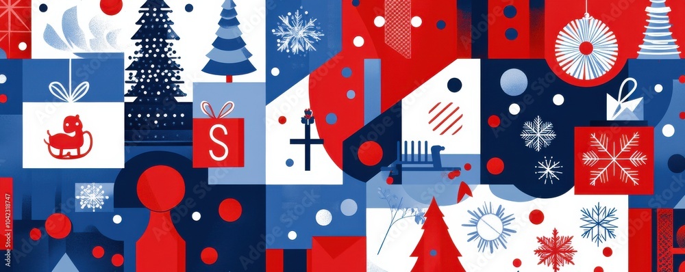Obraz premium Festive holiday geometric patterns featuring Christmas trees and snowflakes with a vibrant red, blue, and white color scheme.