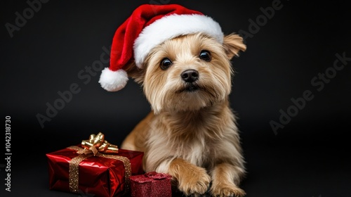 Small dog in Santa hat with gifts on black background