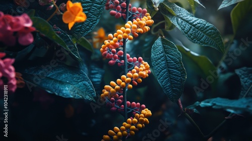 A close-up shot of a vibrant, spiral-shaped plant with yellow and red berries, set against a backdrop of lush green leaves.