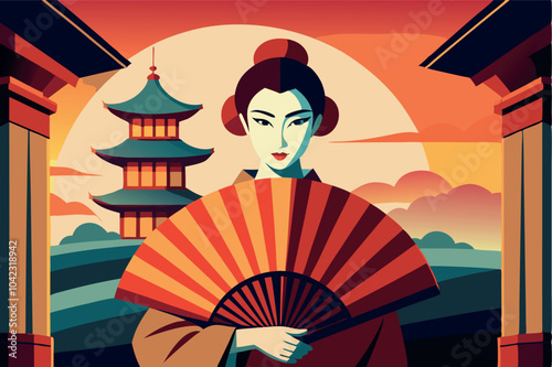 Japanese geisha holding red fan in front of traditional temple vector illustration
