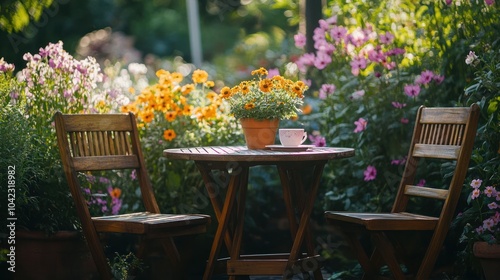 A small wooden table with two chairs and a cup of tea in a garden setting with flowers.